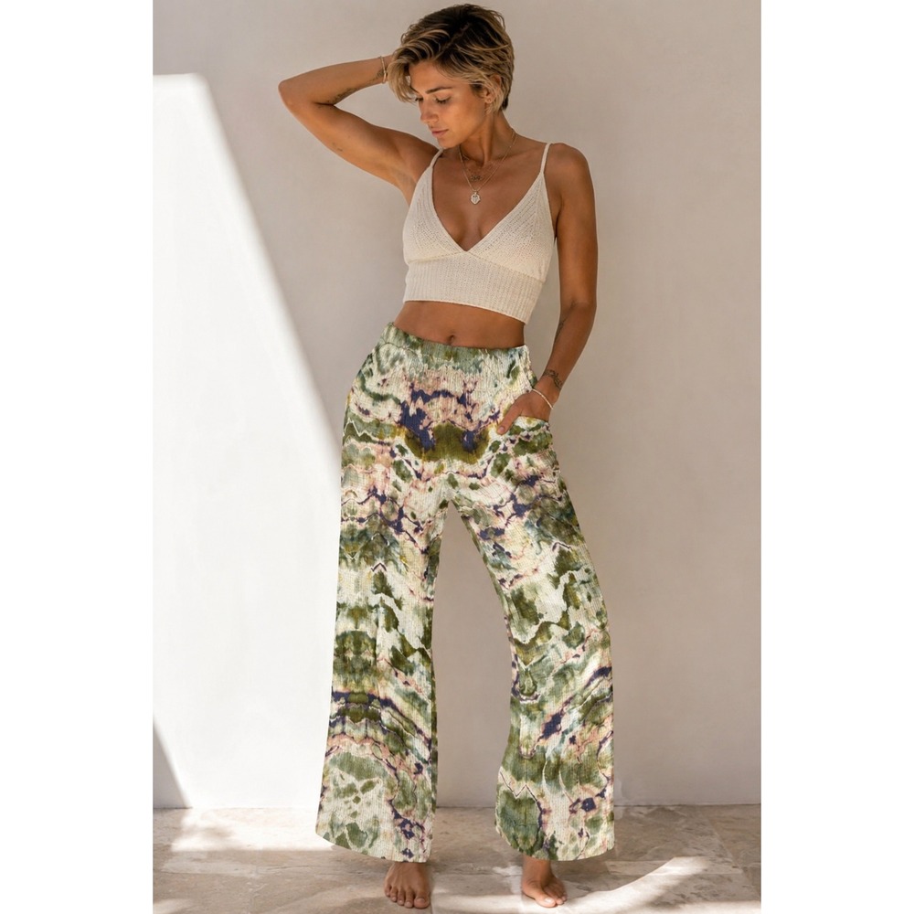Faherty Pants Womens Medium Green‎ Tie Dye Gauze Wide Leg High Rise CUSTOM OOAK